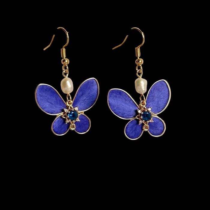 Handmade Ronghua Royal Blue Butterfly Earrings | Mulberry Silk Velvet Butterfly Drop Earrings with Pearl & Crystal