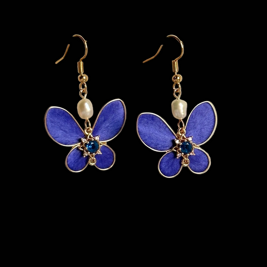 Handmade Ronghua Royal Blue Butterfly Earrings | Mulberry Silk Velvet Butterfly Drop Earrings with Pearl & Crystal