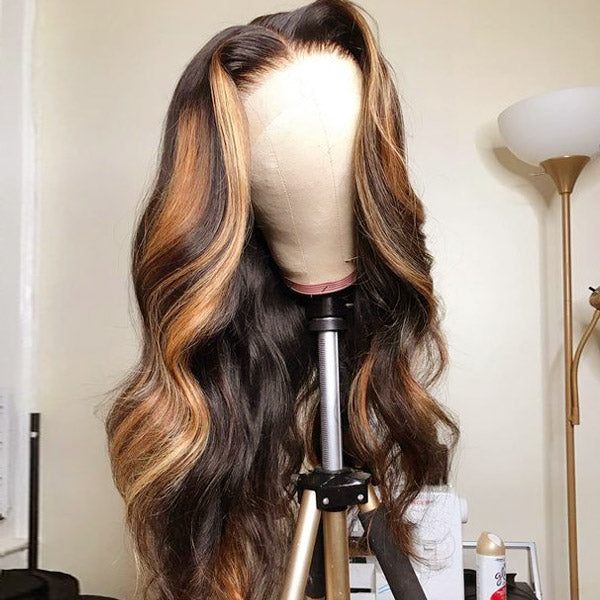 qvr wigs body wave honey blonde highlight 13x4 lace front human hair wig