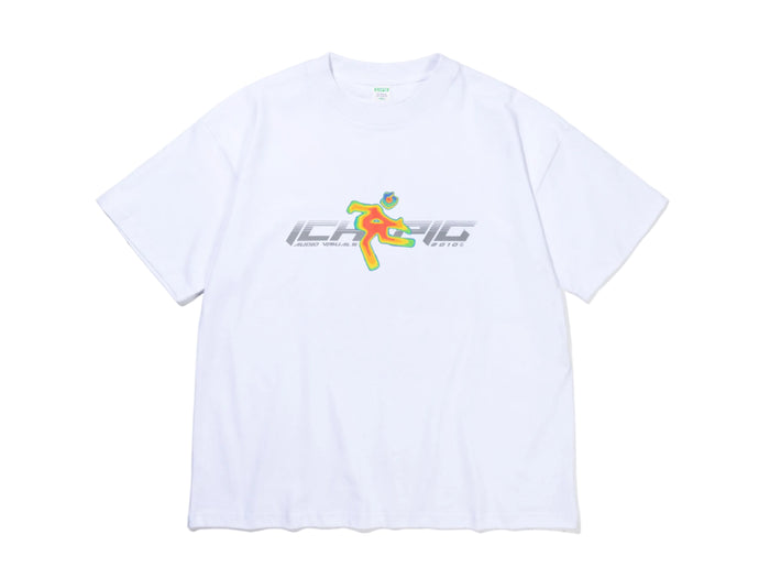 A white short-sleeve crewneck t-shirt featuring a colorful graphic on the chest. The graphic displays a stylized orange and yellow running figure overlaid on a metallic silver 'ICARIC' logo with 'KOREA' written underneath.