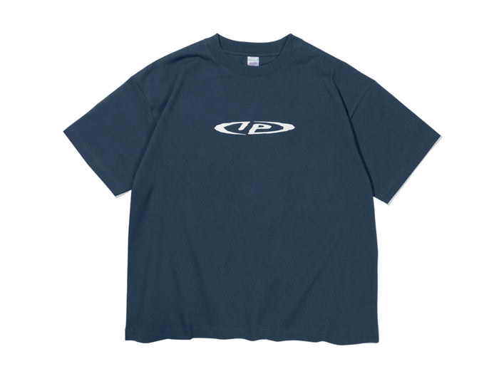 A dark navy blue short-sleeve t-shirt with a white circular logo on the chest, displayed flat against a plain white background.