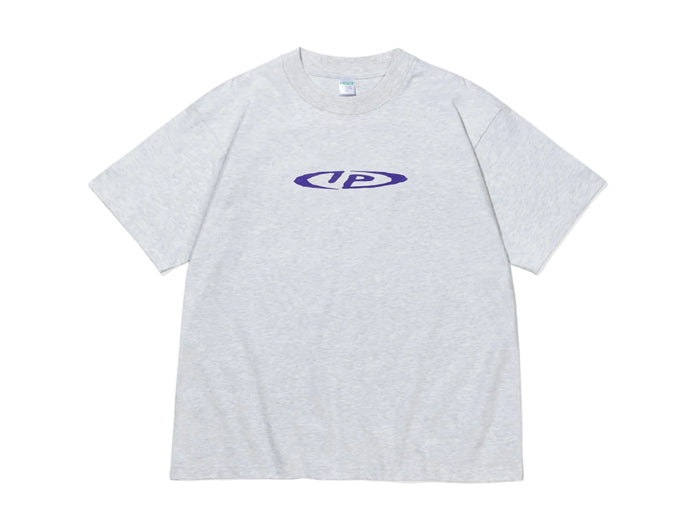 A light gray heather crewneck t-shirt with a purple oval logo on the chest, displayed flat against a white background.