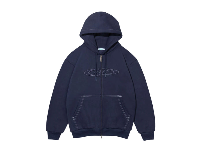 A navy blue zip-up hoodie with a subtle white circular graphic logo on the chest, displayed against a clean white background.