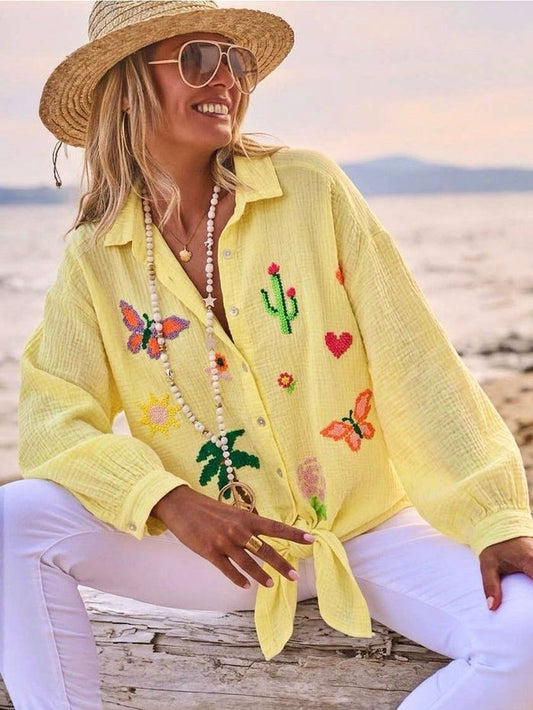 Italian Yellow Cotton Gauze Embroidered One Size Shirt
