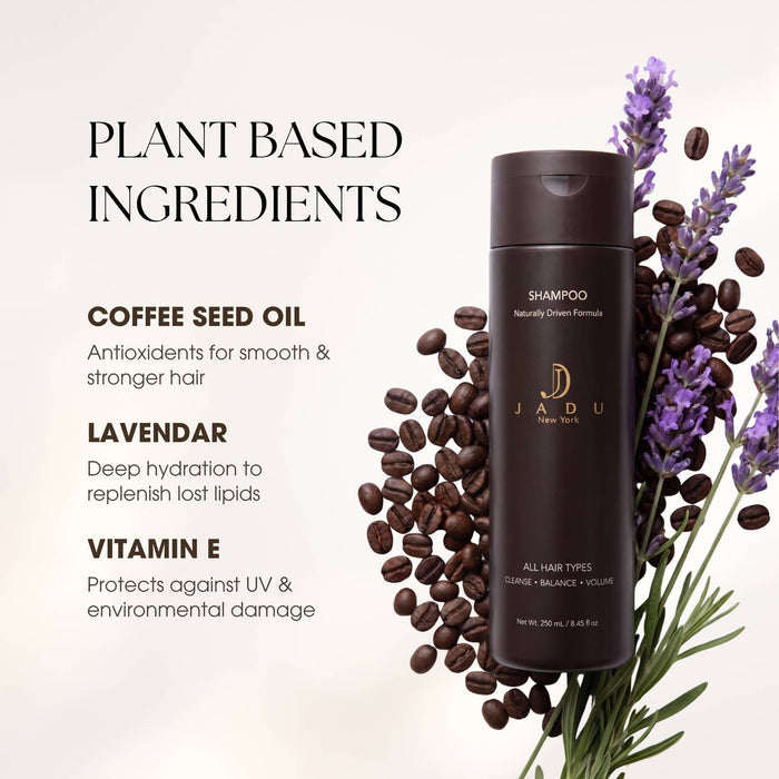 A bottle of JADU Plant Based Shampoo stands next to coffee beans, lavender flowers, and green stems on a light beige background, with text highlighting plant-based ingredients like coffee seed oil, lavender, and vitamin E.