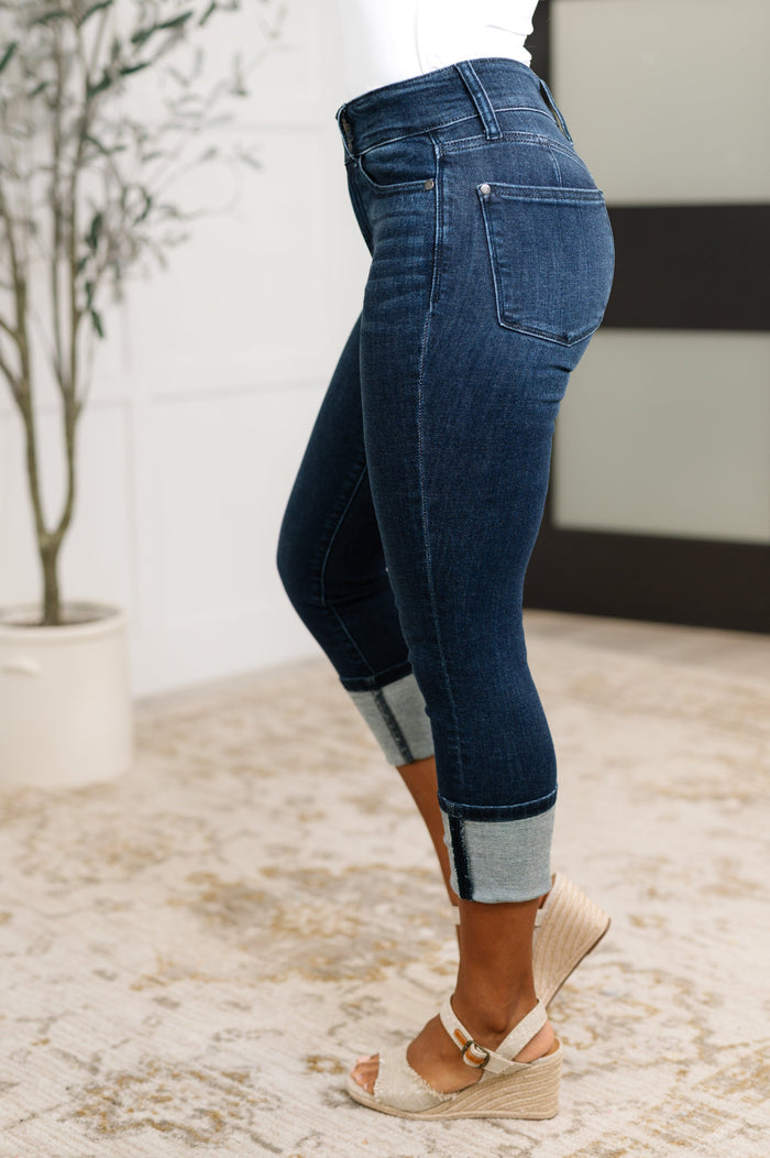 Karen High Rise Double Waist Band Capri Jeans