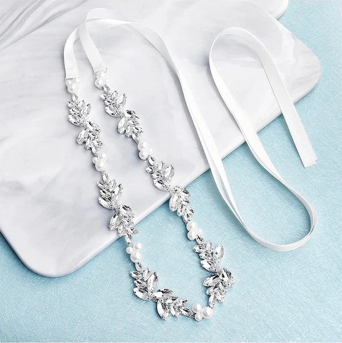 Wedding Accessories - Silver Pearl and Crystal Bridal Belt/Sash