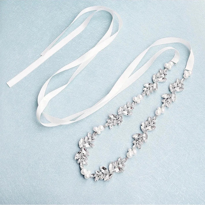 Wedding Accessories - Silver Pearl and Crystal Bridal Belt/Sash