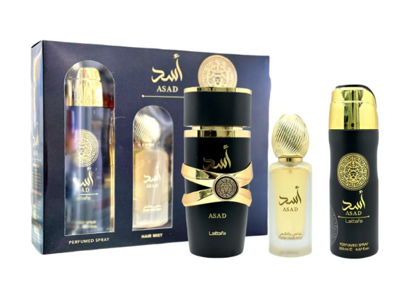 Lattafa ASAD 3-Piece Gift Set for Men – 3.4 oz EDP Spray, 6.7 oz Deo Spray, 1.7 oz Hair Mist