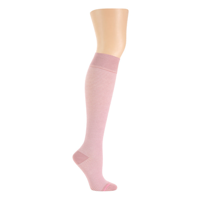 Knee-high compression socks in a microstripe pattern, featuring a light pink color and a ribbed top band.
