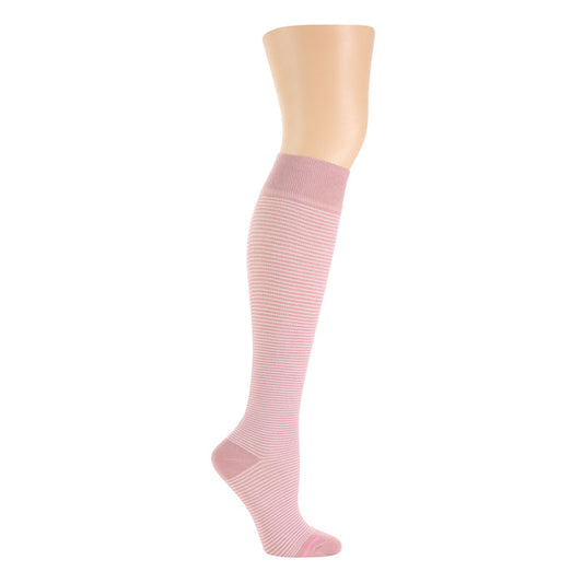Knee-high compression socks in a microstripe pattern, featuring a light pink color and a ribbed top band.