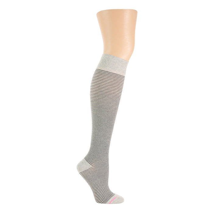 Knee-high compression socks with a microstripe pattern in gray and black, featuring a light gray cuff.