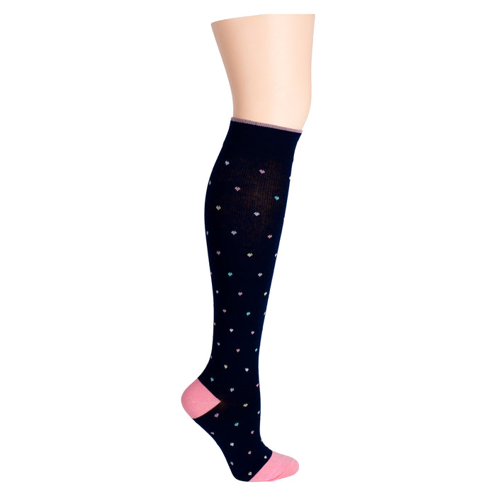 Knee-high socks with a navy background, pink accents, and a pattern of small, colorful hearts.
