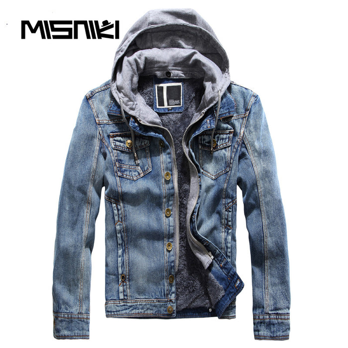 MISNIKI Hot Autumn Winter Denim Jacket Men Hooded Casual Warm Men's Jean Jacket Coat
