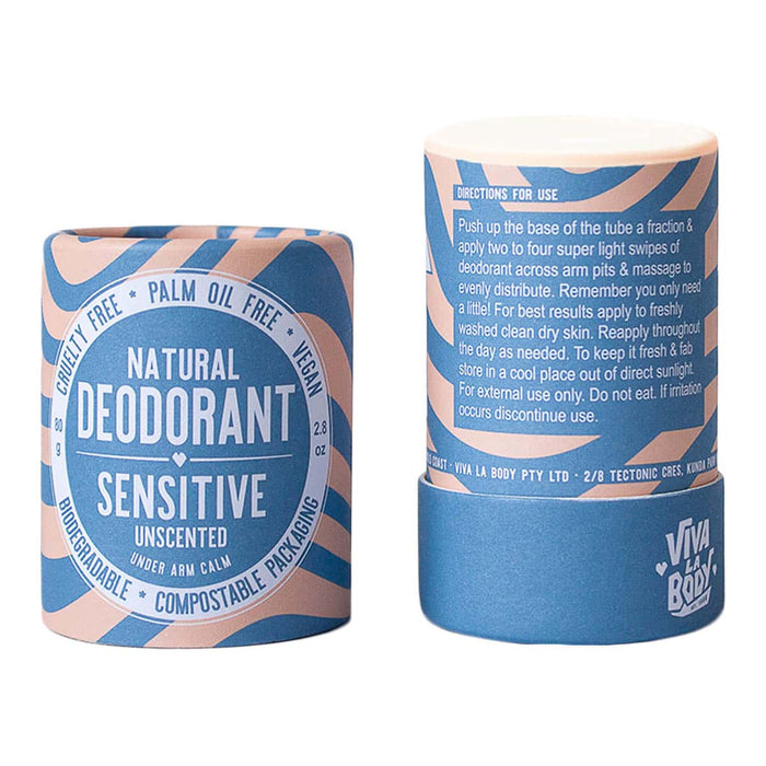Viva La Body natural deodorant with lid off with directions for use on the inner packaging. Biodegradable + compostable cardboard tube.