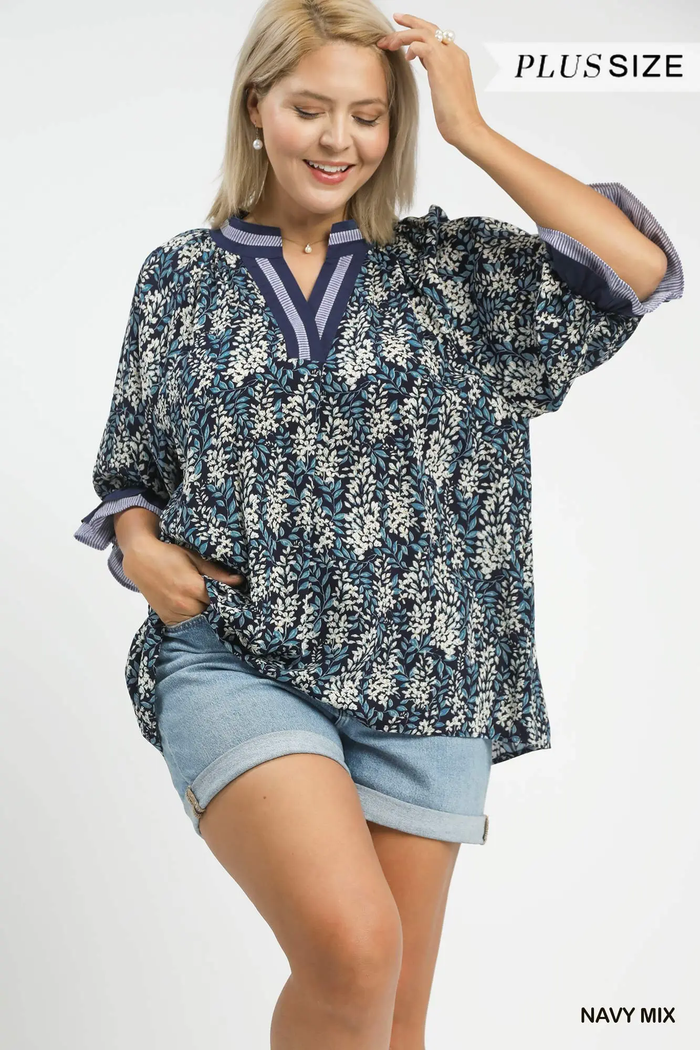 Navy Print V-Neck Top