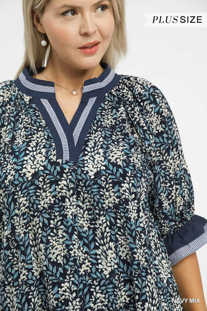 Navy Print V-Neck Top
