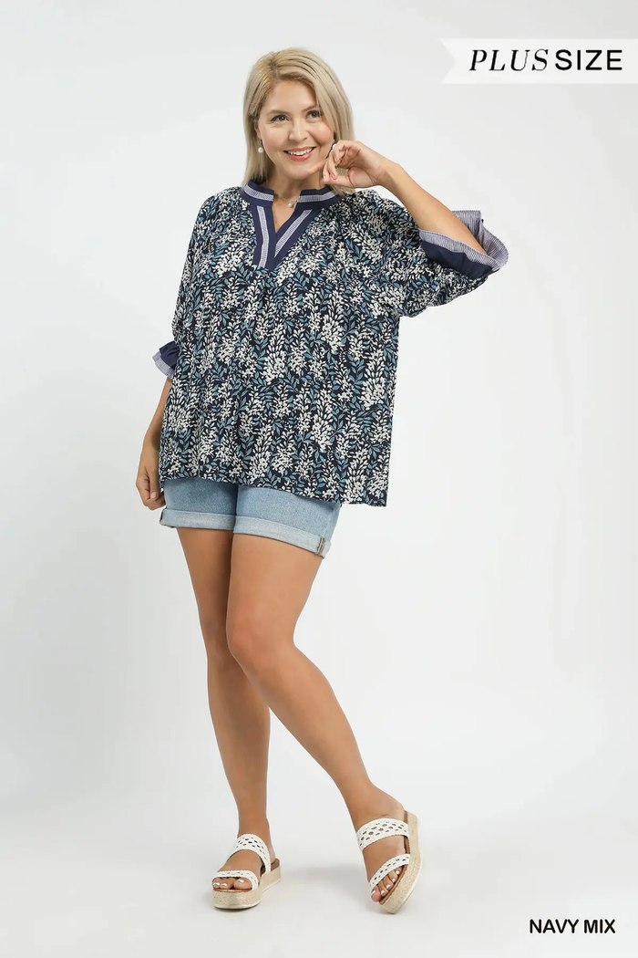 Navy Print V-Neck Top