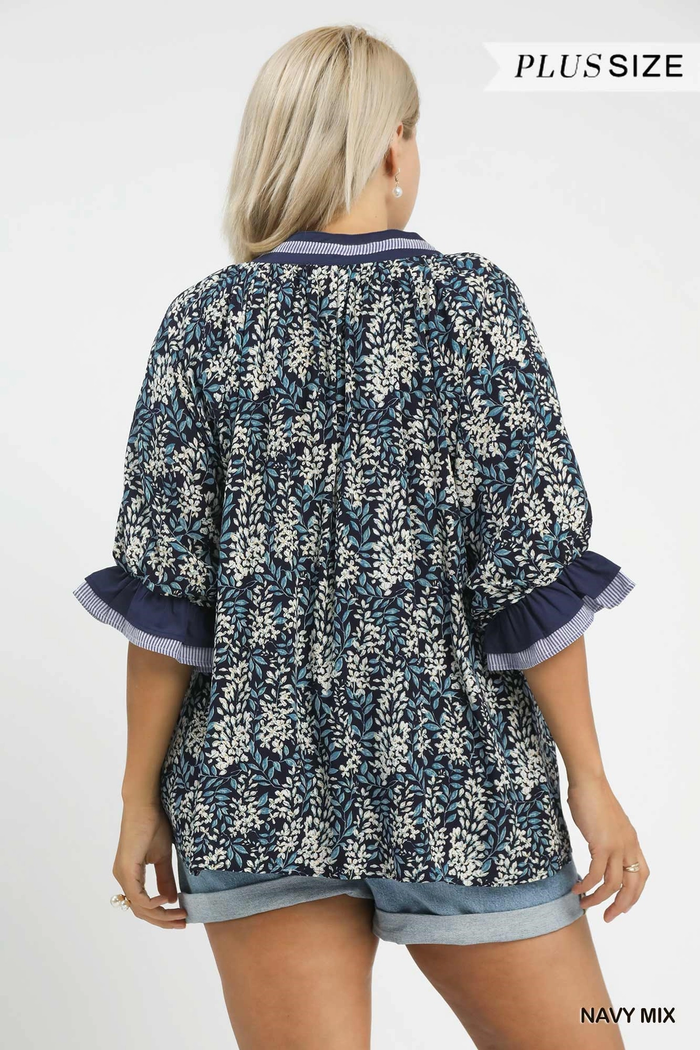 Navy Print V-Neck Top