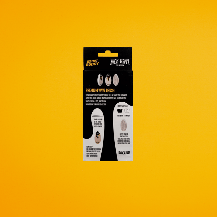 Technical specs for the Nick Wavy Soft Brush showing 100% boar bristles, finger grooves, and instructions for a glazed 360 wave look.