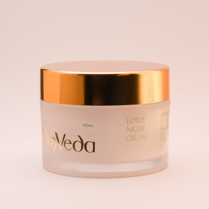 OmVeda Lotus Night Cream 50 ml jar, gold lid, side label