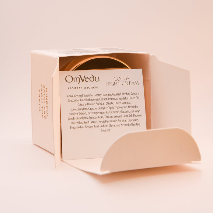 OmVeda Lotus Night Cream 50 ml box with jar lid and ingredient text