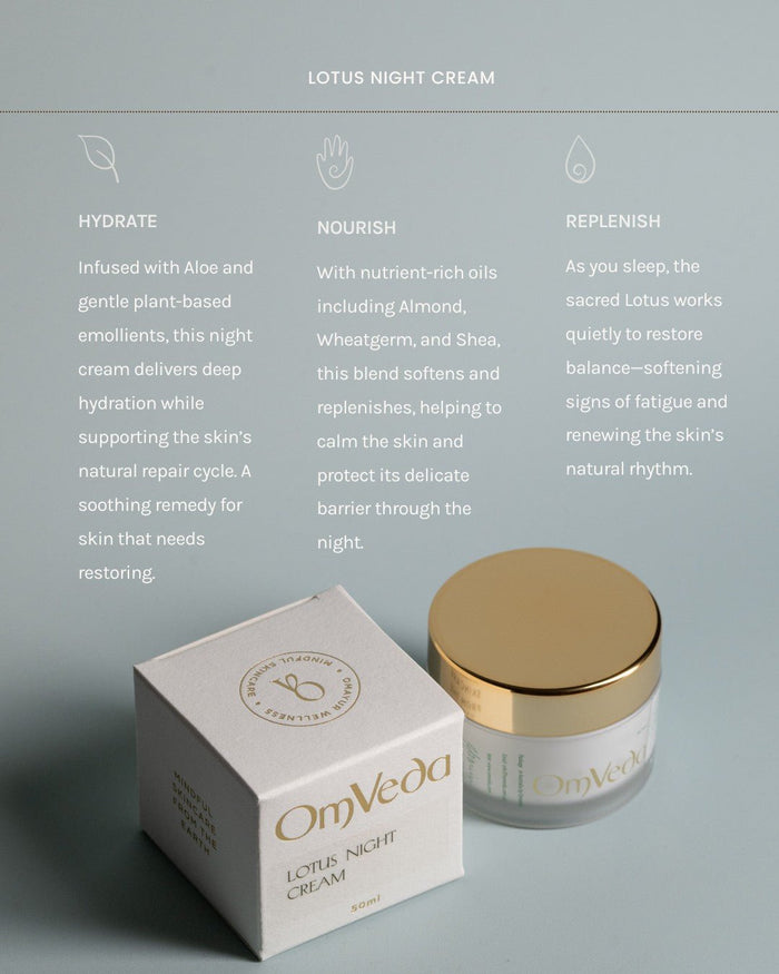 OmVeda Lotus Night Cream box and 50 ml jar