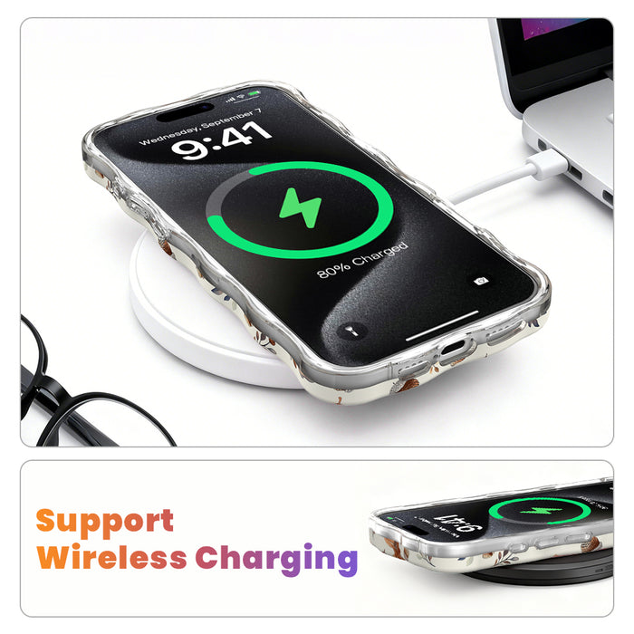 Wireless charging diagram showing the Nutty For Fall Wavy Luxe iPhone case charging on a MagSafe pad with the case still on.