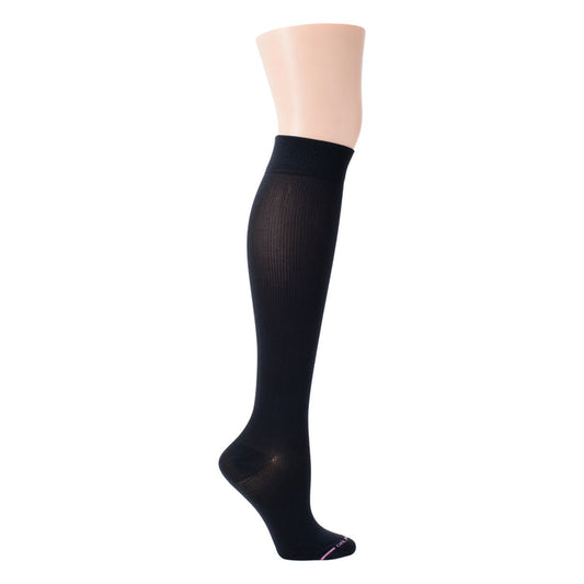Black knee-high compression sock with a ribbed texture and a wide calf design.