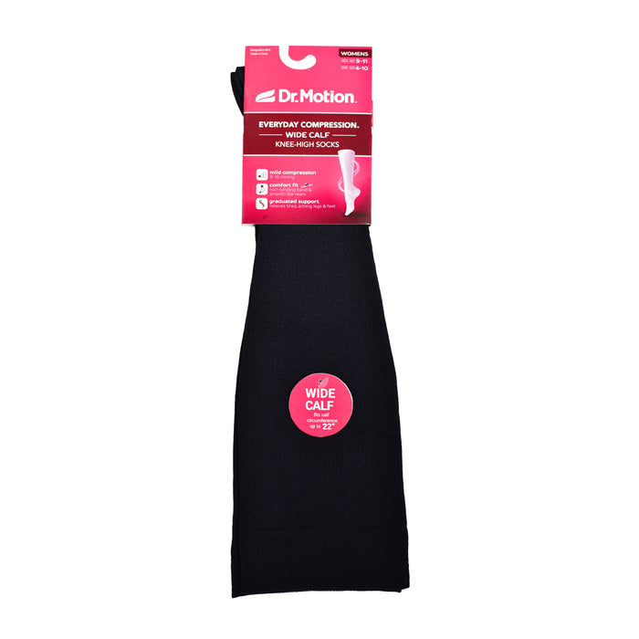 Black knee-high compression socks for women, labeled for wide calf fit, with packaging details visible.