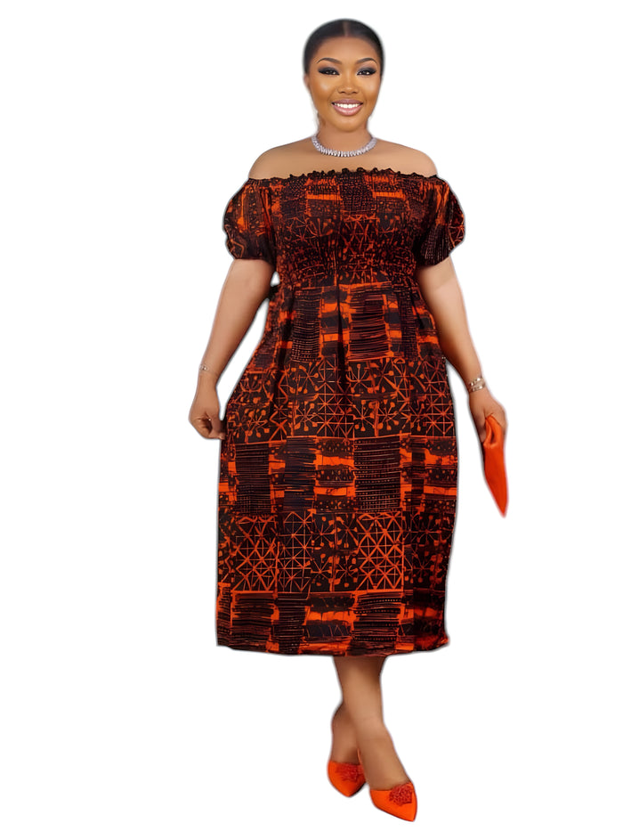 Off-Shoulder Ankara Midi Ama Dress – One Size Fits S/M/L
