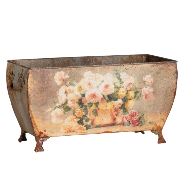 distressed floral container,
vintage trellis planter,
decorative flower box,
gathered rose centerpiece,
shabby chic metal container,
tole garden decor,
romantic planter box,
French cottage planter