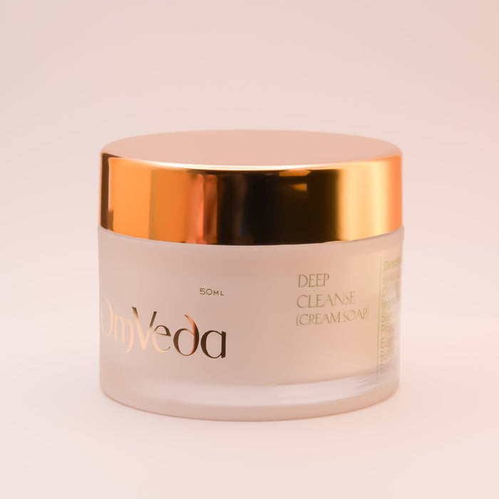 OmVeda Deep Cleanse cream jar (50ml) with gold lid, front label visible