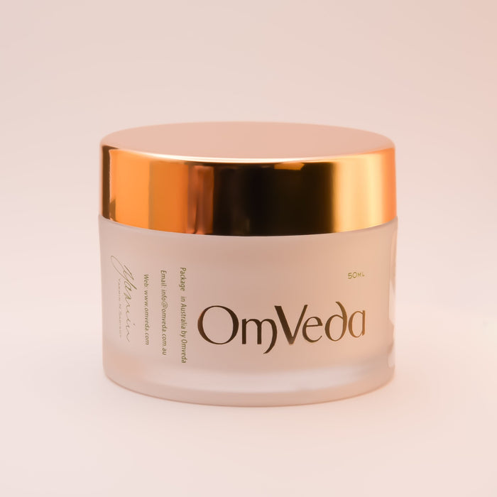 OmVeda Deep Cleanse cream jar (50ml) with back label, gold lid