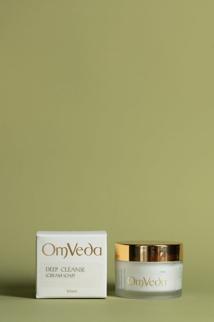 OmVeda Deep Cleanse cream jar and 50ml box, white jar with gold-toned lid
