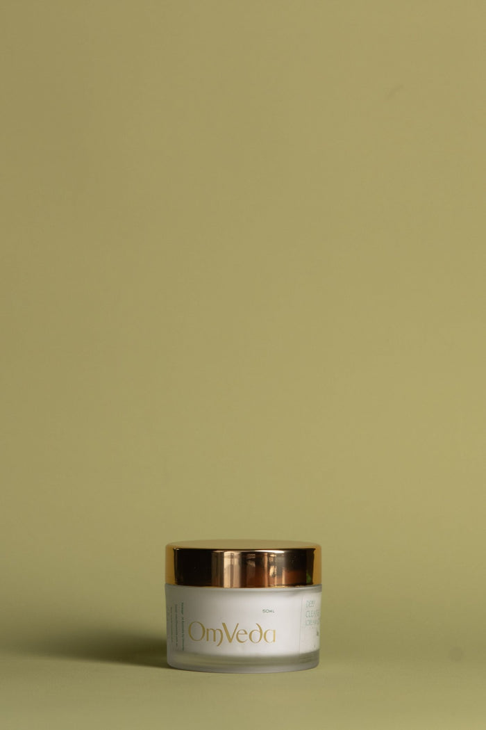 OmVeda Deep Cleanse 50ml cream jar, white container with gold-toned lid