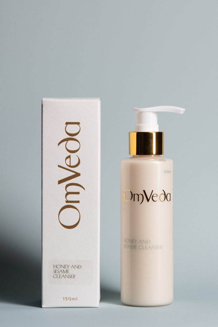 OmVeda honey and sesame cleanser 150ml pump bottle with box