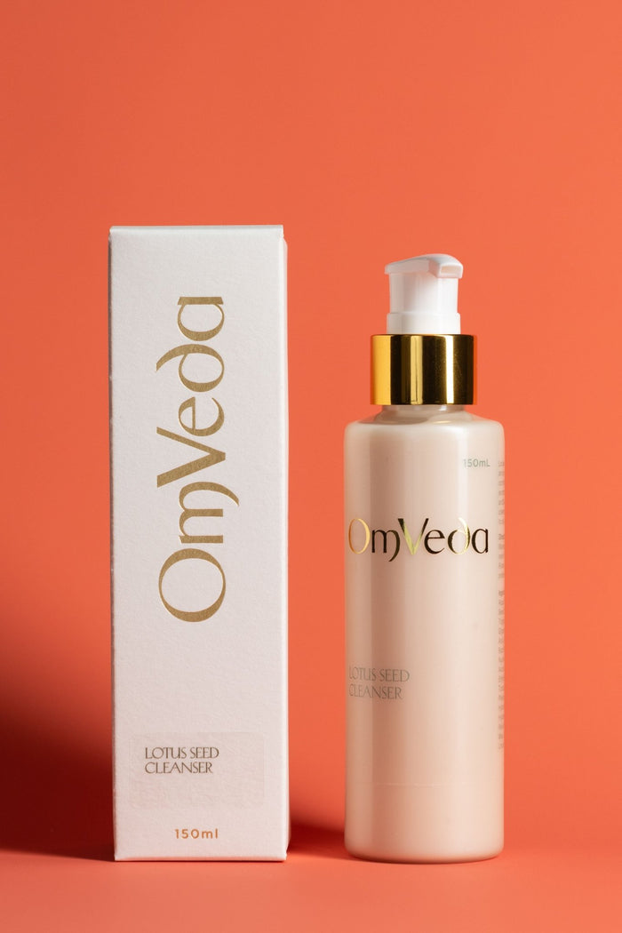 OmVeda lotus seed cleanser box and pump bottle, 150 ml, white with gold cap
