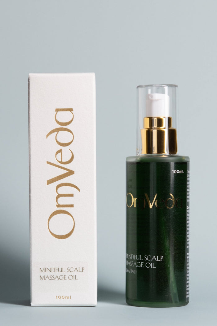 Mindful scalp massage oil bottle and box, dark green liquid with gold pump, 100ml