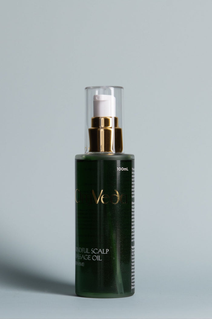 Mindful scalp massage oil bottle, dark green glass with gold pump and clear cap, 100ml