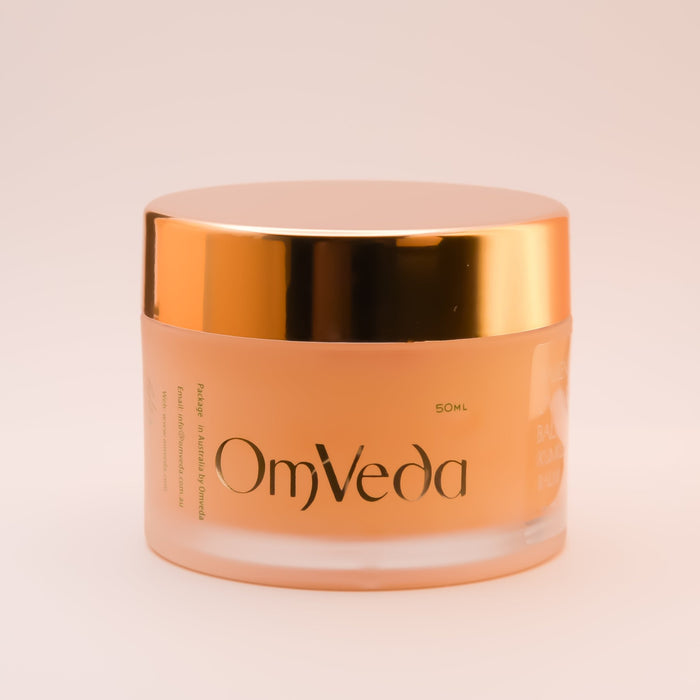 OmVeda Radiance overnight balm jar, Kumkumadi, 50 ml, logo side