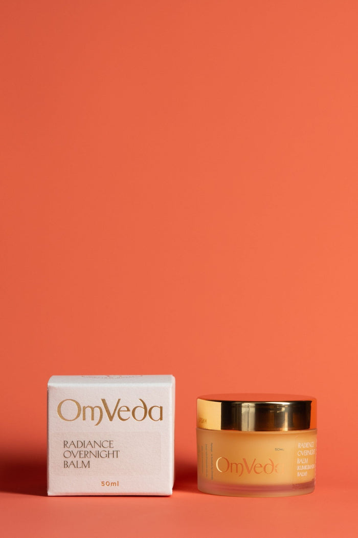 OmVeda Radiance overnight balm box and jar, Kumkumadi, 50 ml