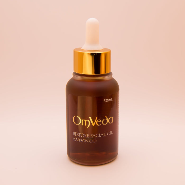 Saffron facial oil bottle with dropper, dark amber glass and gold cap; 50ml