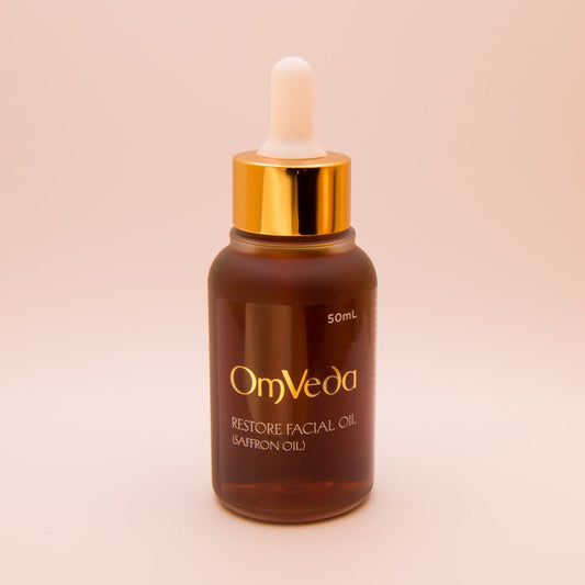 Saffron facial oil bottle with dropper, dark amber glass and gold cap; 50ml