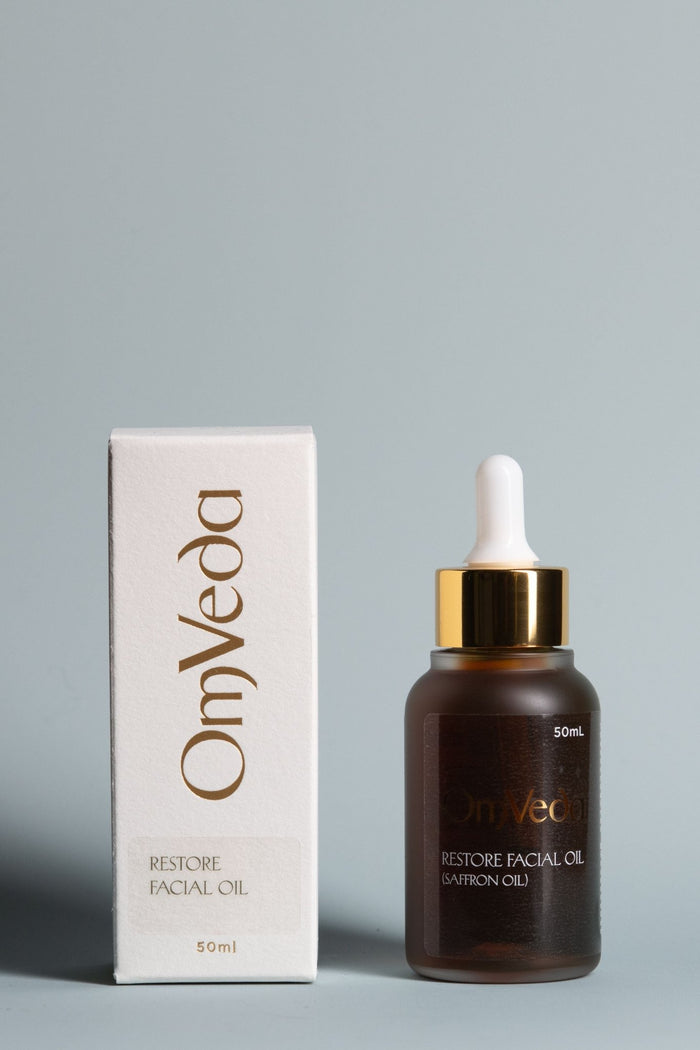 Facial oil bottle with dropper, dark amber glass and gold cap; 50ml with product box