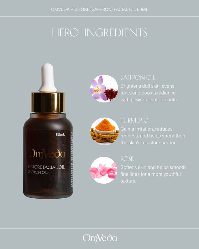 Facial oil bottle with dropper, dark amber glass and gold cap; 50ml with ingredient labels