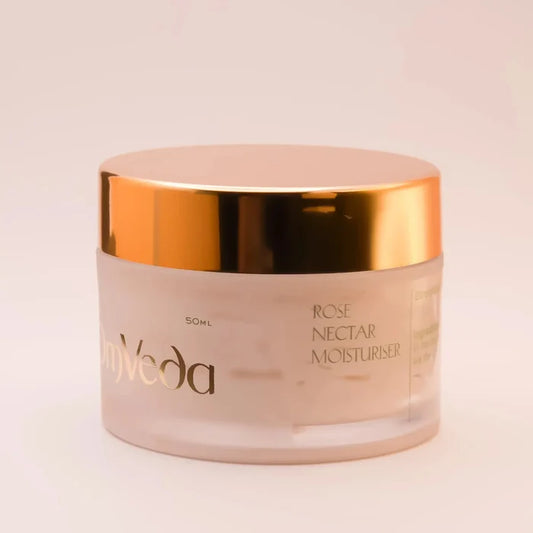 OmVeda Rose Nectar Moisturiser 50ml pink jar with gold lid