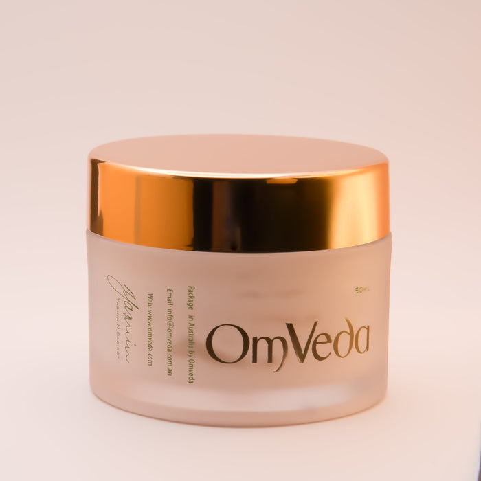 OmVeda Rose Nectar Moisturiser 50ml pink jar with gold lid and OmVeda logo