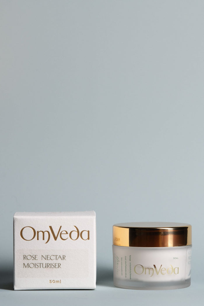 OmVeda Rose Nectar Moisturiser 50ml jar with gold lid and matching box