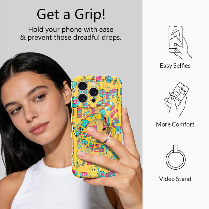 Oops It's the 90's retro pop art MagSafe phone grip ring with yellow background and colorful drawings of cassette players puzzle cubes and brick phones compatible with iPhone and Samsung
